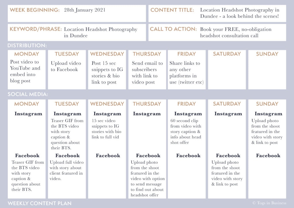 Weekly content plan examples for photographers