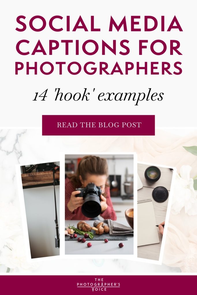 Pinterest graphic titled: social media captions for photographers (14 hook examples)