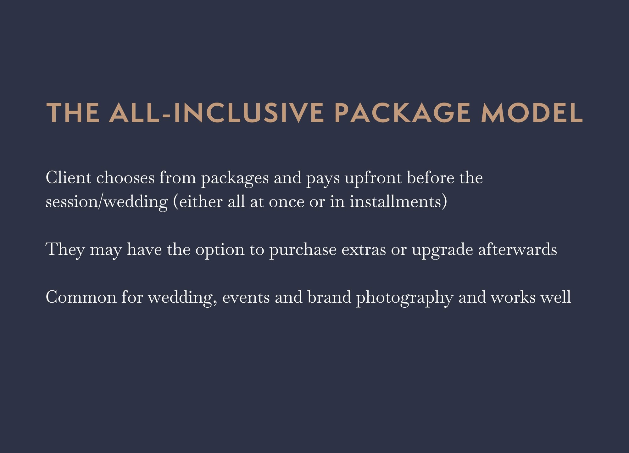 Image outlining the main features of the All-Inclusive Photography Pricing Model