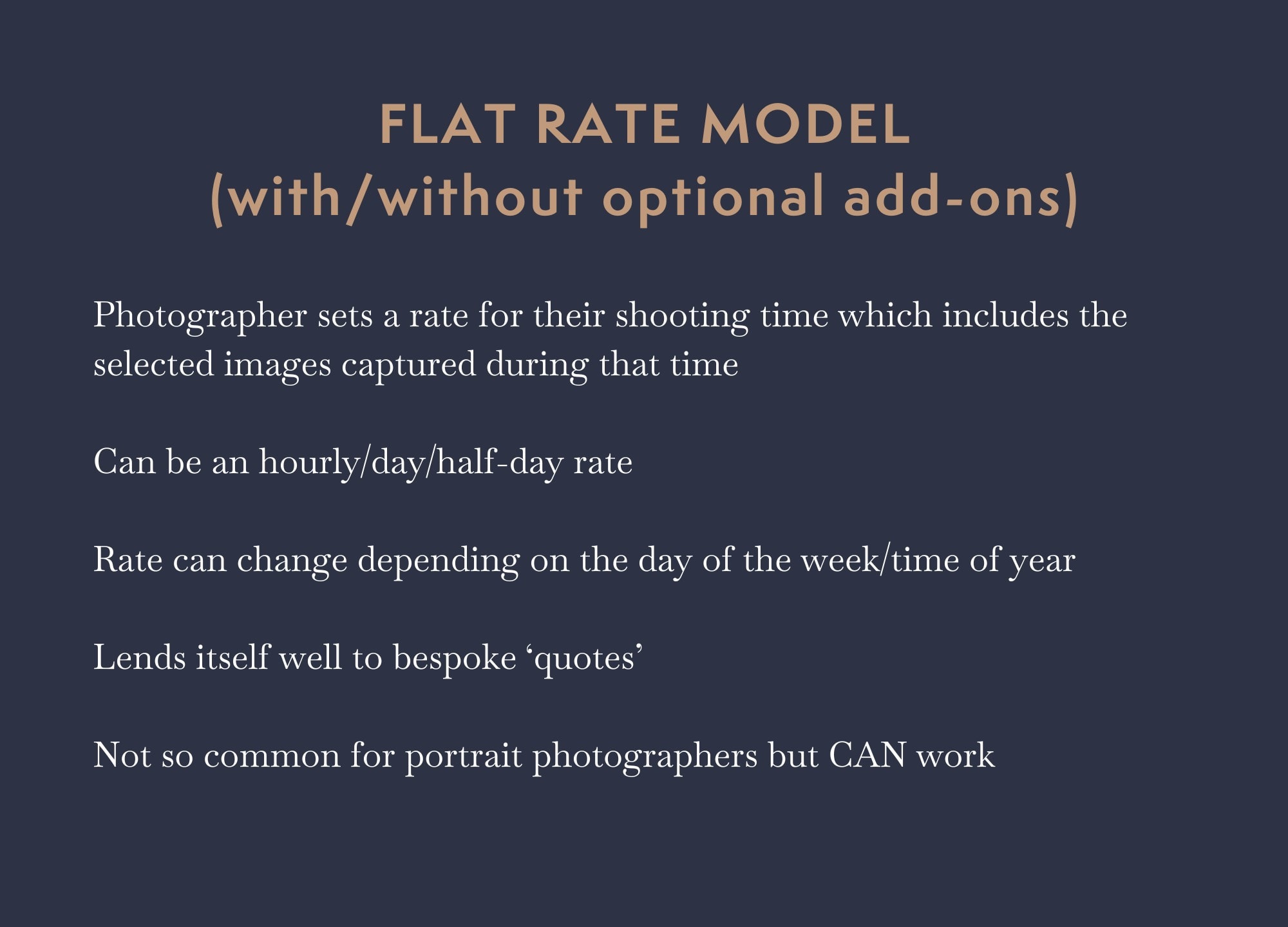 Image outlining the main characteristics of the Flat Rate Photography Pricing Model