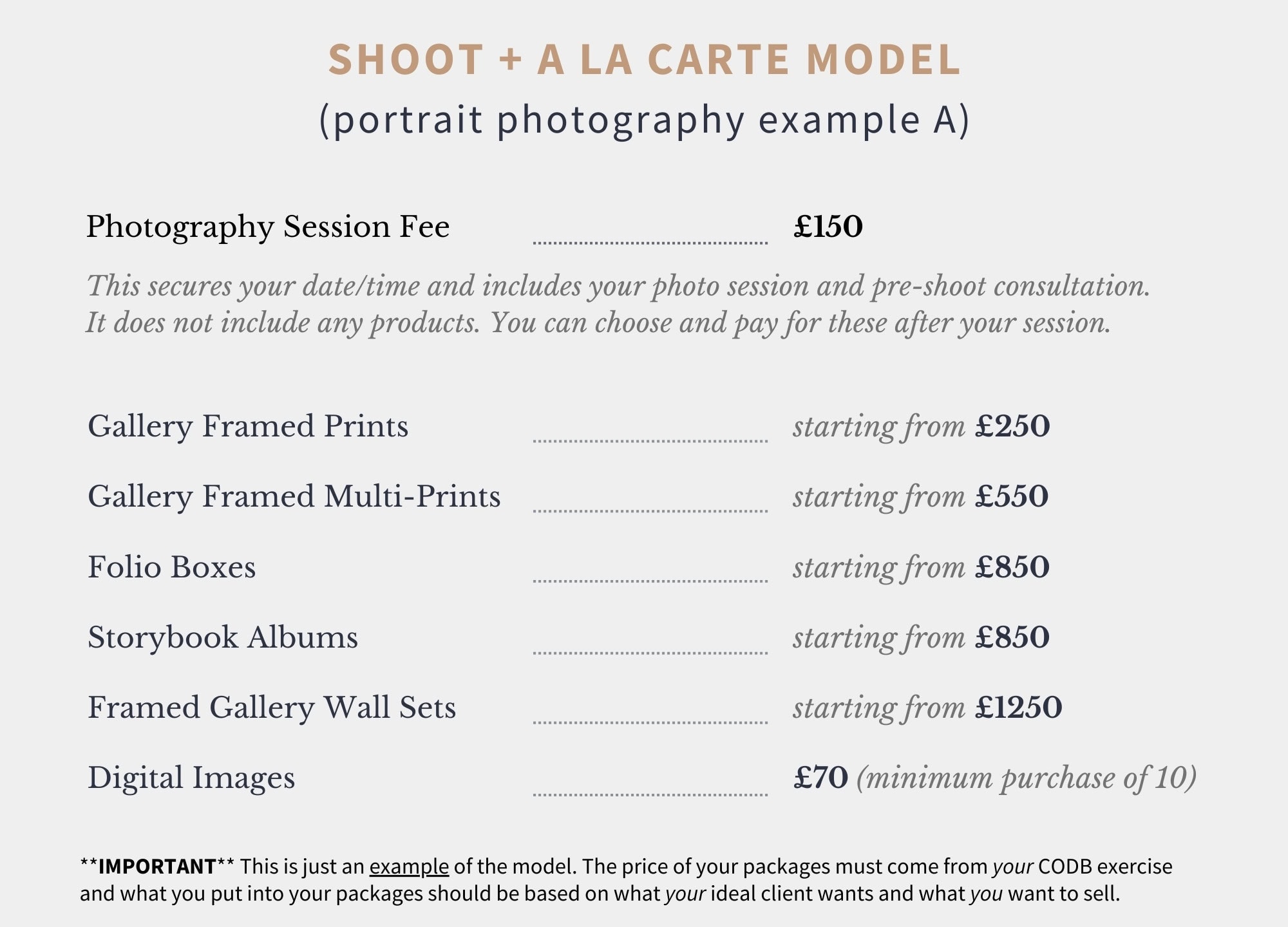 An example of session + a la carte pricing model for portrait photographers