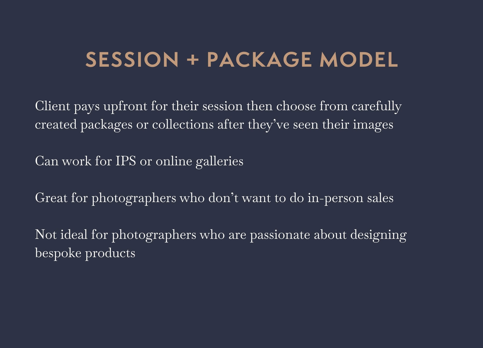 Image outlining the main features of the Session + Package Photography Pricing Model