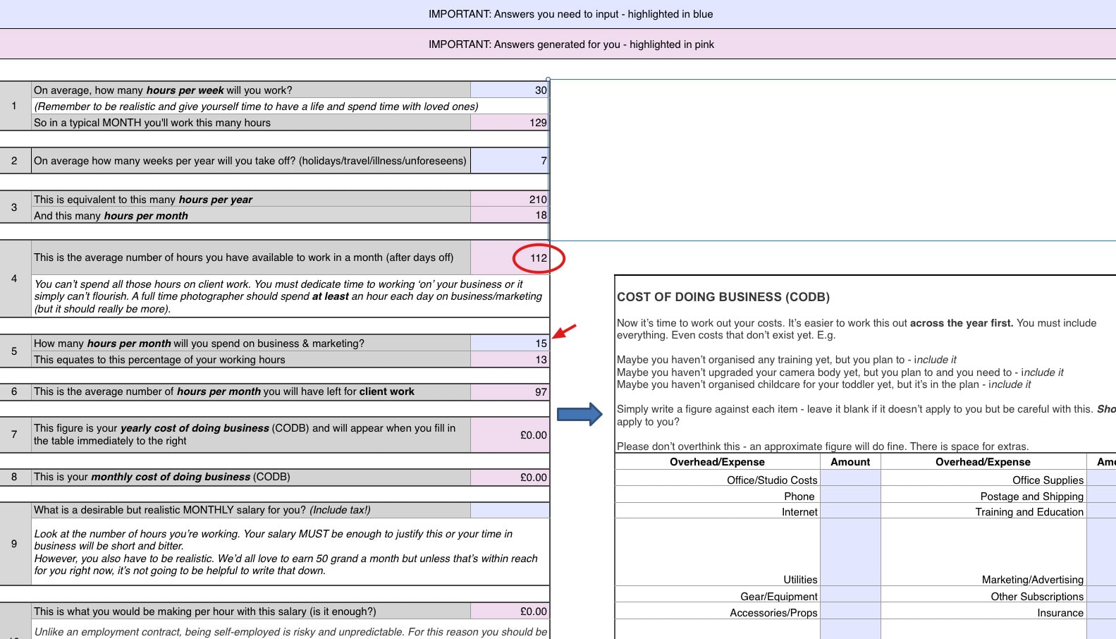 Photography Pricing Calculator - allocating time for marketing example