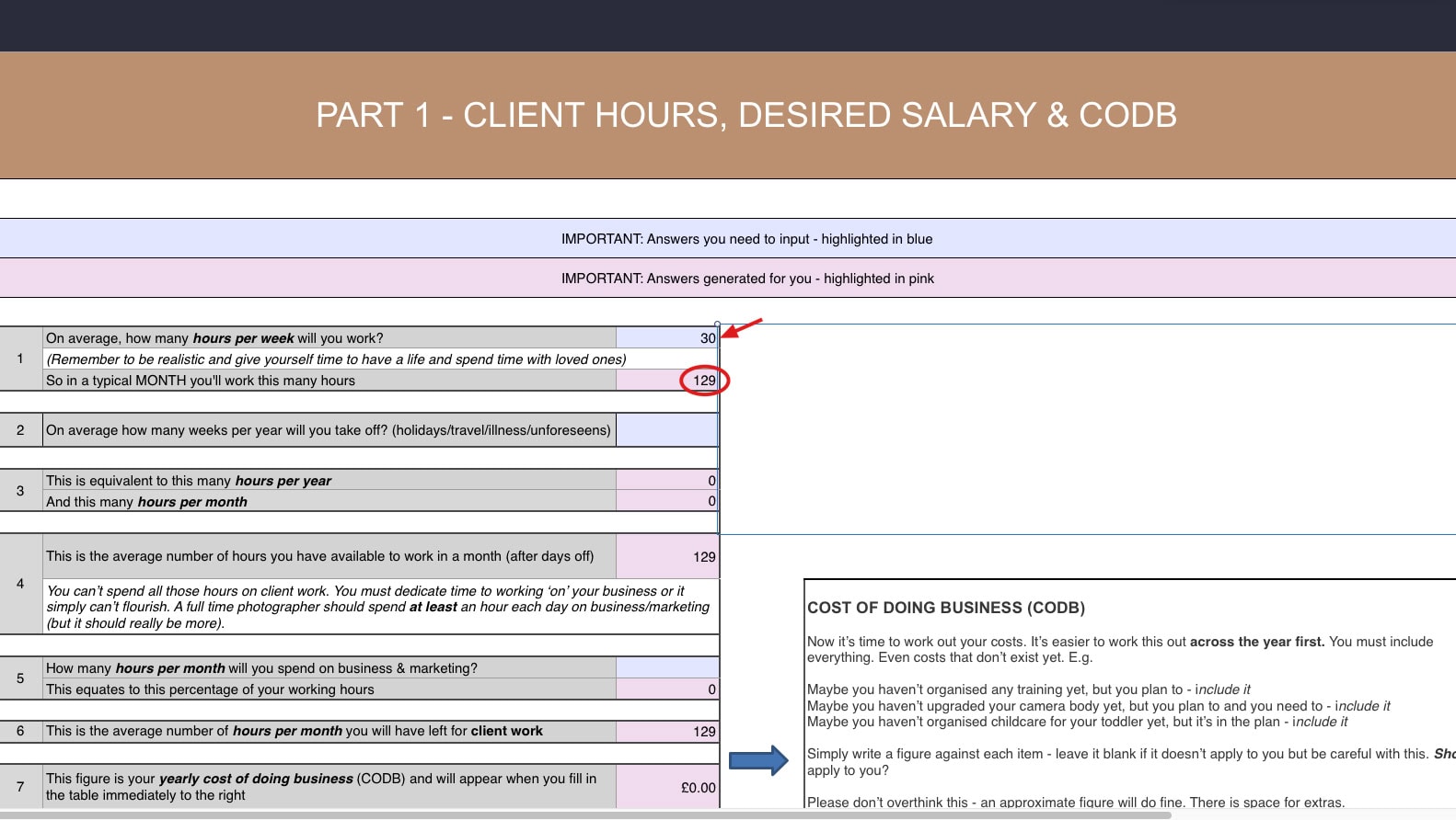 Photography Pricing Calculator - calculating work hours example