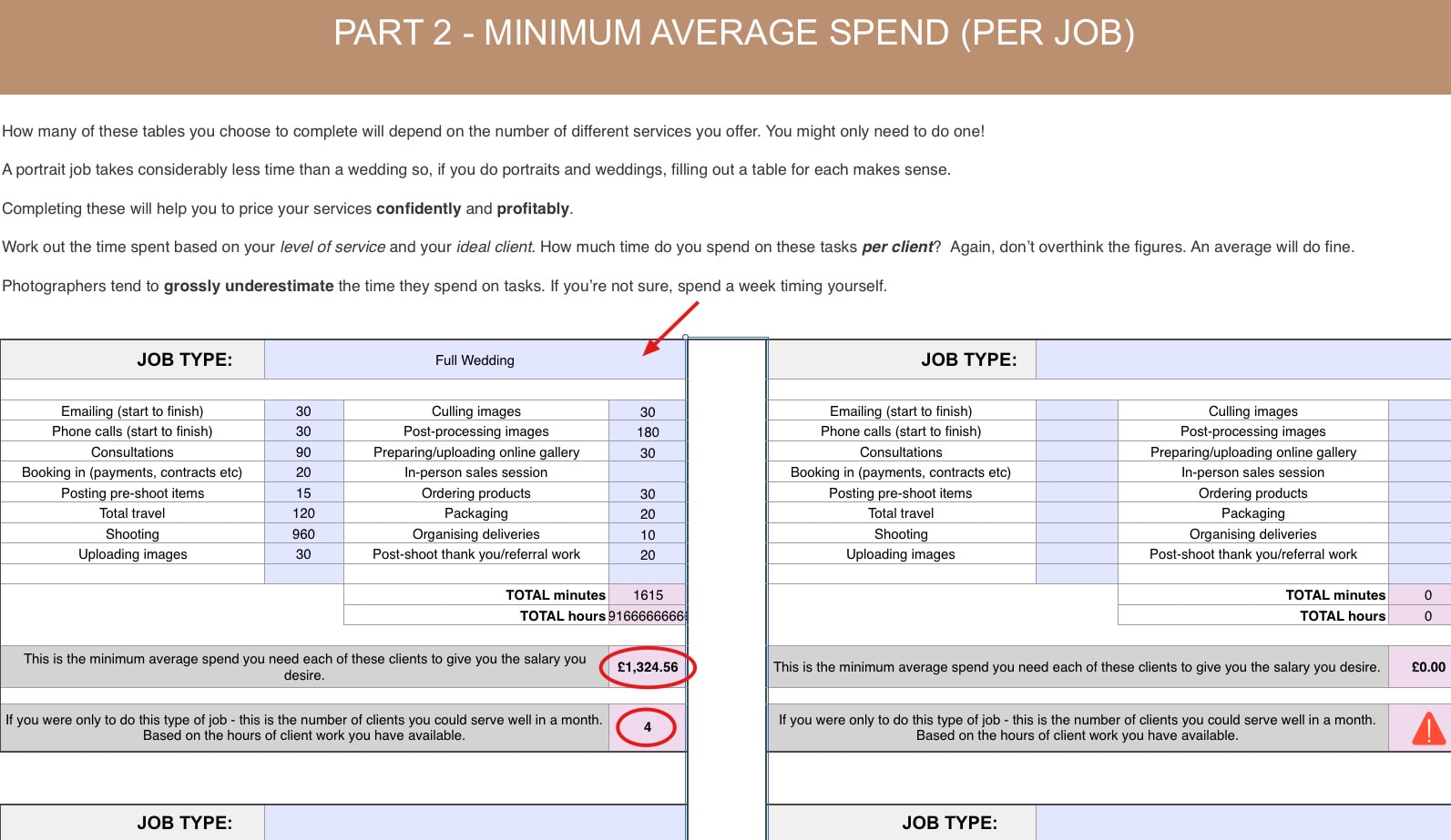 Photography Pricing Calculator - Calculate Minimum Average Spend for Your Photography Business example
